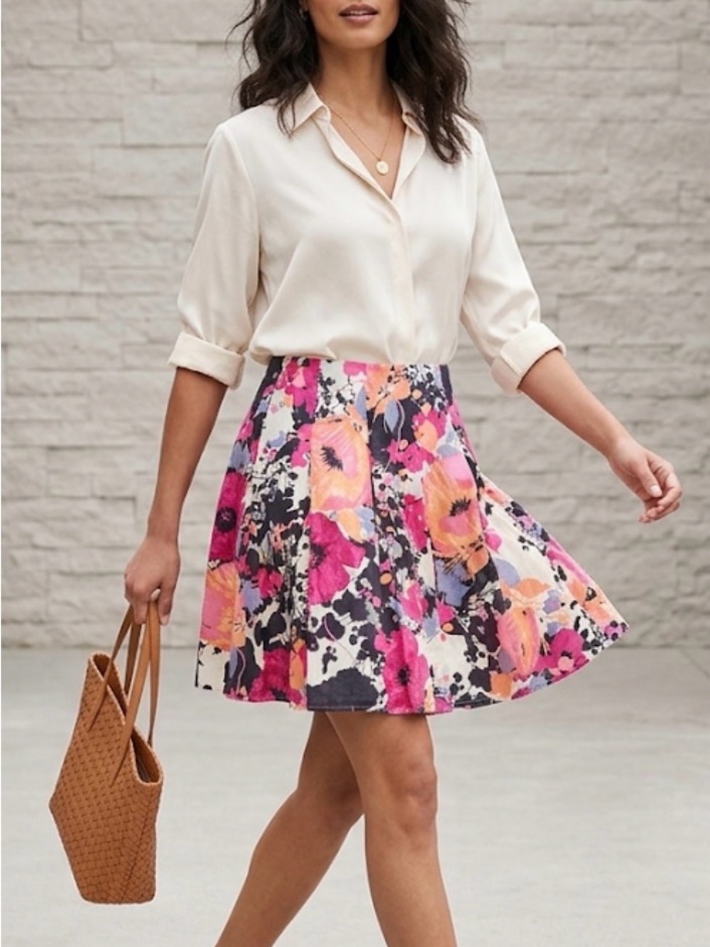 NY & Company Floral A-Line Knee Length Mini Skirt Pink Navy Blue Multico…
